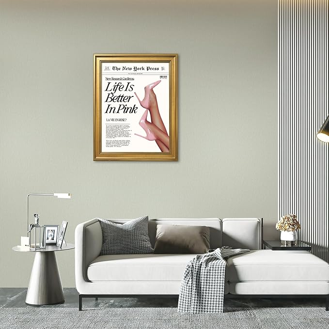 Trendy Baby Pink Hot Girl Poster Life Is Better In Pink Newspaper Wall Art Retro High Heel Picture 70s News Headline Canvas Prints Aesthetic Decor for Girly Bedroom Dorm 12x16inch Vintage Framed