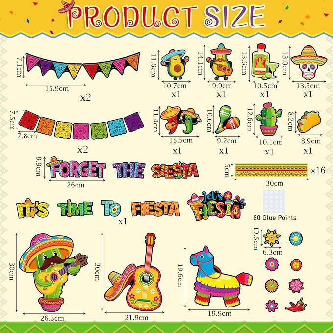16 Sets Mexican Fiesta Bulletin Board Decoration Cinco De Mayo Cutouts Cactus Taco Mexican Fiesta Classroom Bulletin Board Cutouts Set with Adhesive Dots for Cinco De Mayo Class Home Decor