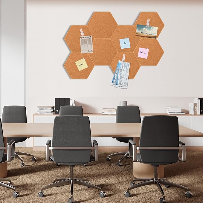 8 Pcs 12" Large Hexagon Felt Cork Bulletin Board Tiles Self Adhesive DIY Pin Board with 50 Push Pins and 10 Colored Clips, Wall Decor for Office Home Kitchen Photos Memos(Yellow)