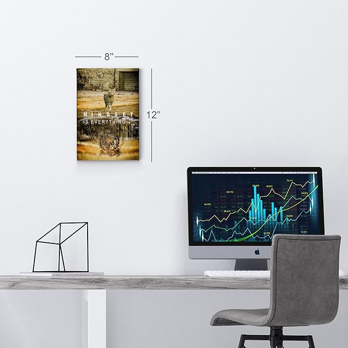 Smile Art Design Mindset is Everyting Cat and Reflection is Tiger Motivational Wall Art Canvas Print Inspirational Entrepreneur Quote Office Living Room Decor Gift Ready to Hang 36x24