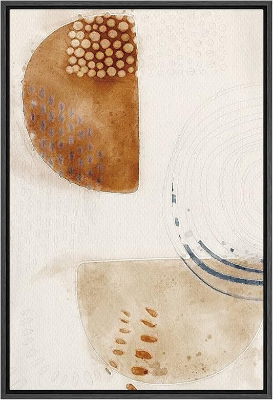 SIGNFORD Framed Canvas Wall Art Brown, Biege and White Organic Circles and Lines Geometric Shapes Illustrations Minimalism Modern Relax/Calm for Living Room, Bedroom, Office - 16x24 inches