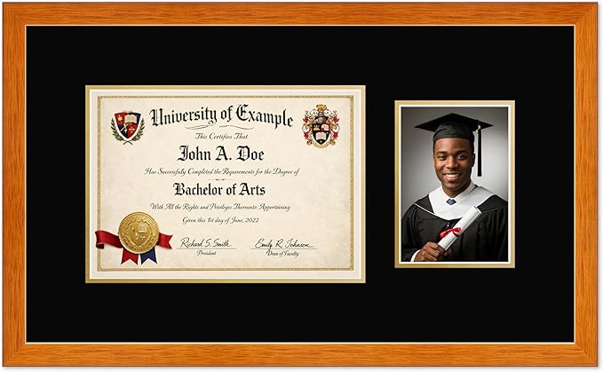 CountryArtHouse Fits 11.69 x 8.27 A4 Certificate and 5 x 7 Photo Diploma and Photo Frame Honey Oak Genuine Hardwood with Black Over Metallic Gold Double mat