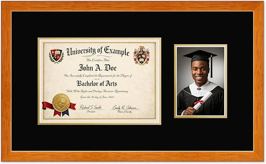 CountryArtHouse Fits 11.69 x 8.27 A4 Certificate and 5 x 7 Photo Diploma and Photo Frame Honey Oak Genuine Hardwood with Black Over Metallic Gold Double mat