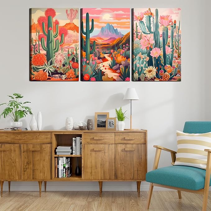 Framed Cactus Canvas Wall Art Green Pink Orange Plant Floral Wall decoration pictures Colorful Southwestern Rustic Painting Desert Landscape Poster Prints for Living Room Bathroom Bedroom 12inx16in
