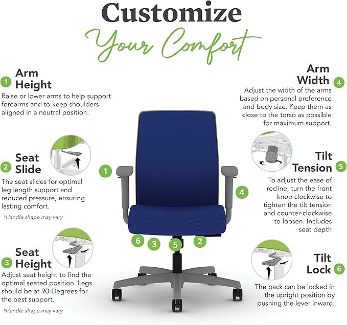 HON Ignition 2.0 Low Back Task Chair, Spectrum Mesh, Standard Synchro-Tilt Control, Office Chair with Lumbar Support, Height and Width Adjustable Arms, Titanium Frame, Cobalt