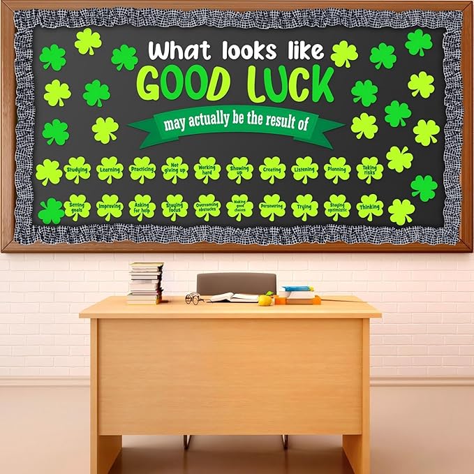 80 Pcs St. Patrick's Day Bulletin Board March Bulletin Board Inspirational DIY Shamrock Cutouts with White Black Burlap Border for Irish Festival Party Favor Supplies Toddler Classroom Wall Decor