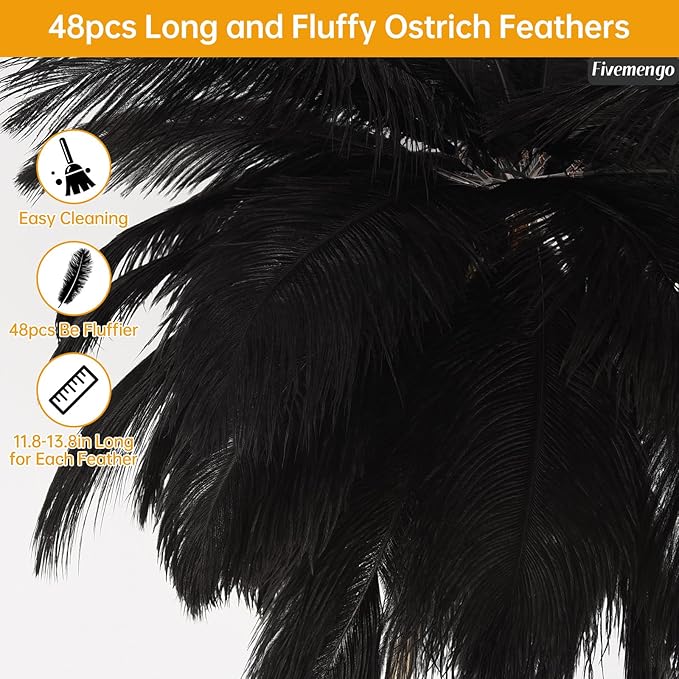 Feather Floor Lamp for Living Room, Fluffy Ostrich Feathers Lamp, Rose Gold Color Body, 3 Color Temperatures Modern Funky Arc Tall Standing Lamp for Bedroom Inclued Bright LED Bulbs (Black)