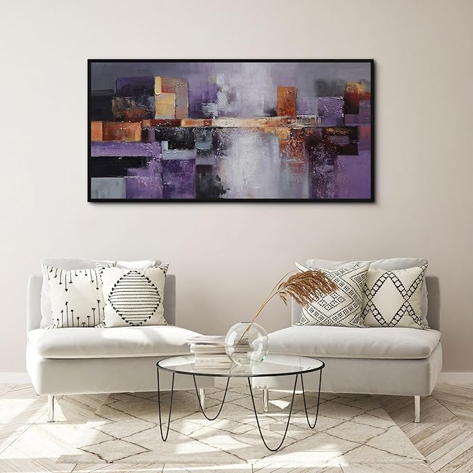yiijeah Abstract Purple Wall Decor Bedroom Canvas Bathroom Art Picture Items for Women Framed Artwork Print 48x24 Inches