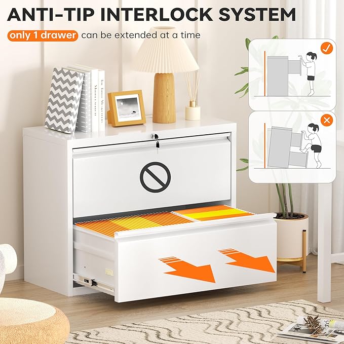 INTERGREAT White File Cabinet 2 Drawer, Metal Lateral Filing Cabinet with Lock, Office File Cabinets with Anti-tilt Mechanism for Letter/Legal/A4/F4, Easy Assemble