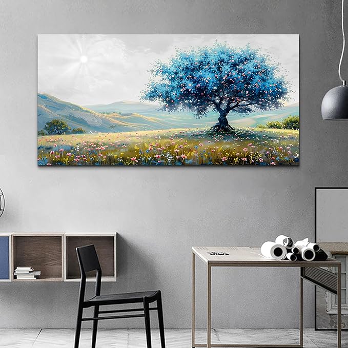 FUHAIHUA Canvas Wall Art For Living Room Modern Wall Decor For Bedroom Office Wall Decoration Pastoral Landscape Painting Blue Tree Pictures Artwork Ready To Hang Room Aesthetic Home Decor 20x40 In