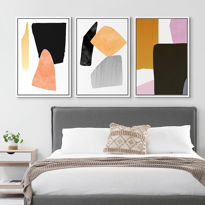 SIGNFORD Framed Wall Art Print Set Orange, Black & Purple Polygons Abstract Shapes Digital Art Modern Art Contemporary for Living Room, Bedroom, Office - 16"x24"x3 White