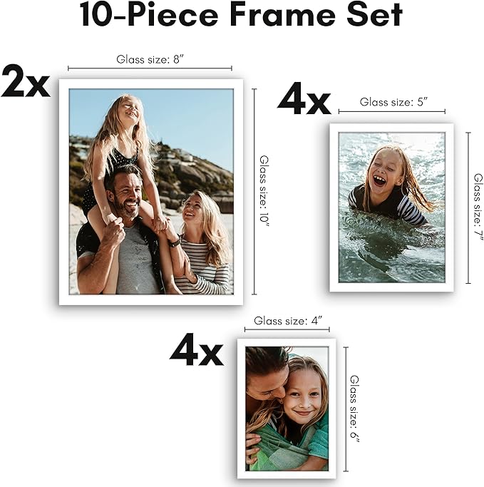 Americanflat Set of 10 Picture Frames with Shatter-Resistant Glass - Gallery Wall Frame Set with Two 8x10, Four 5x7 and Four 4x6 Frames - Streamline Collection - White