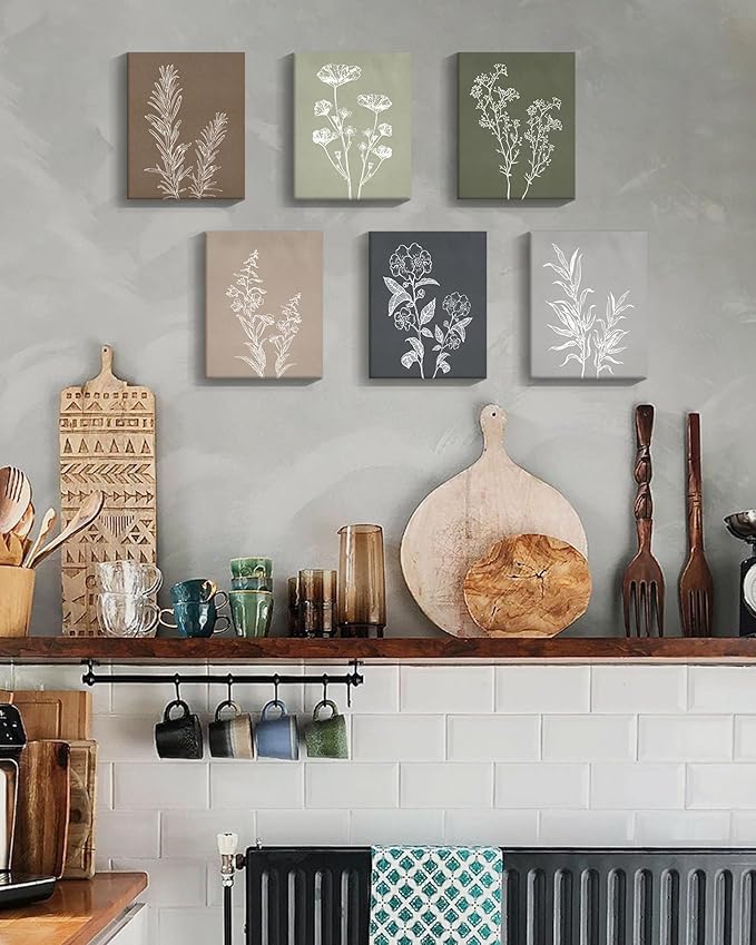Drsoum Botanical Wall Art Framed Boho Wall Art Decor Wooded Minimalist Vintage Print Modern Rustic Farmhouse Home Kitchen Decor 8x10inx6pcs