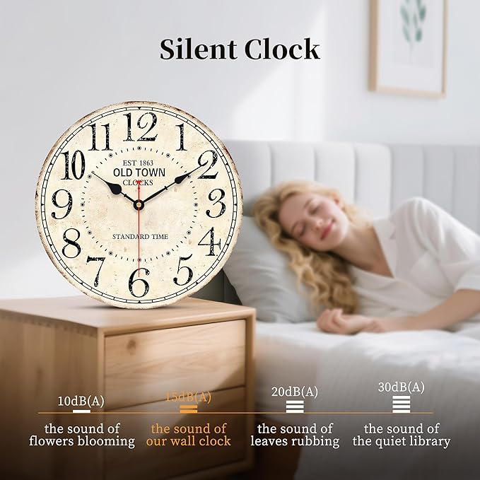 14 Inch Retro Round Wall Clock Old Town Vintage Antique Style Battery Operated French Country Silent Wall Clocks for Farmhouse,Garden,Home Kitchen,Bedroom,Office