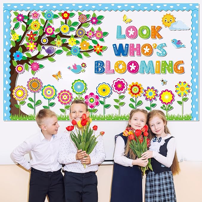 Spring Bloom Flower Bulletin Board Set Look Who’s Blooming Classroom Decorations Spring Tree Growth Mindset Photo Posting Paper Cutouts for Class School Office Nursery Home Chalkboard Door Wall Decor