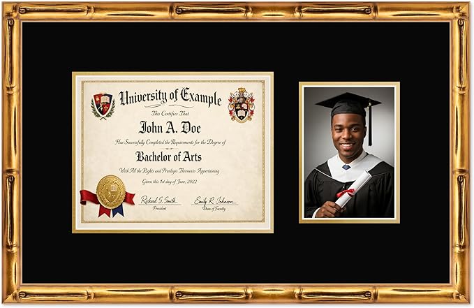 CountryArtHouse Fits 10 x 8 Professional License and 5 x 7 Photo Diploma and Photo Frame Gold Bamboo Genuine Hardwood with Black Over Metallic Gold Double mat