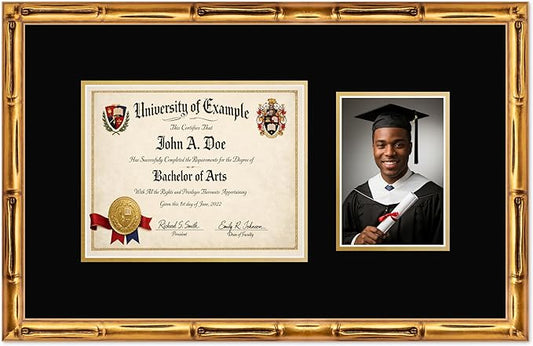 CountryArtHouse Fits 10 x 8 Professional License and 5 x 7 Photo Diploma and Photo Frame Gold Bamboo Genuine Hardwood with Black Over Metallic Gold Double mat