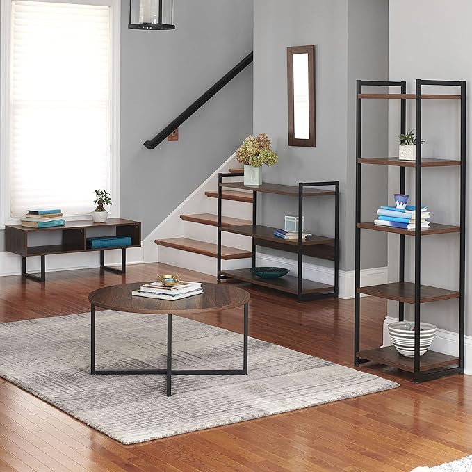 Household Essentials Jamestown Wide 3 Shelf Open Storage Bookshelf Mid Century Walnut Wood Grain and Black Metal