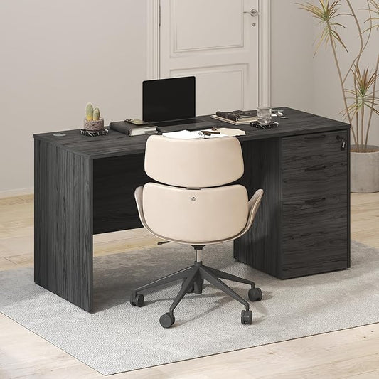 Furinno Roger 60 Inch Executive Desk with File Cabinet, Home Office Desk with 3-Drawer Fixed Pedestal Filing Cabinet, Desk Cord Grommet, for Home Office, Coastal Grey
