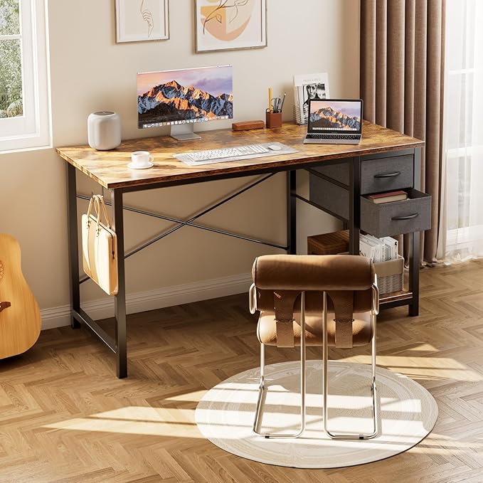 Sweetcrispy 47 Inch Computer Desk with Drawers for Home Office, Writing Desk with X-Shaped Reinforcement, Wood Table with Adjustable Position Drawers, Modern Study Work Table with Side Hook, Rust