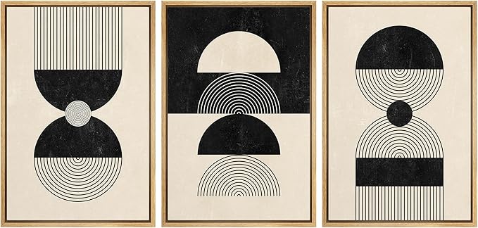 IDEA4WALL Framed Canvas Print Wall Art Set Geometric Black Tan Striped Circle Polygon Collage Abstract Shapes Illustrations Modern Art Nordic for Living Room, Bedroom, Office - 24"x36"x3 Natural