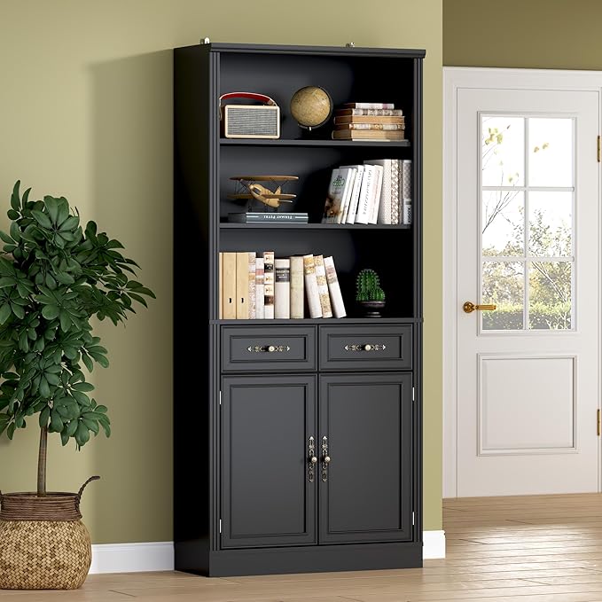 70.1" Tall Bookshelf with Drawers & Cabinet, 5-Tier Floor Standing Bookcase with Storage Doors, Adjustable Shelves & Metal Handles, 31.5" Wide Organizer for Home Office, Living Room