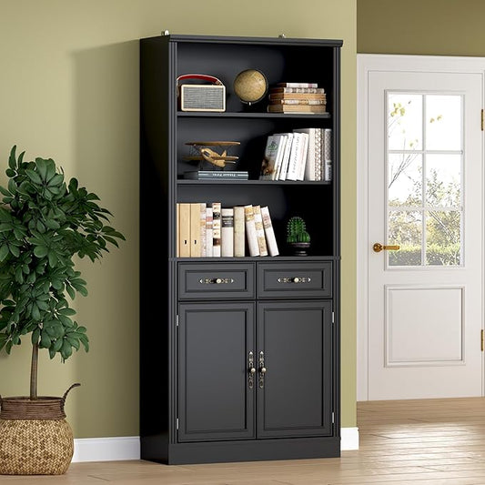 70.1" Tall Bookshelf with Drawers & Cabinet, 5-Tier Floor Standing Bookcase with Storage Doors, Adjustable Shelves & Metal Handles, 31.5" Wide Organizer for Home Office, Living Room