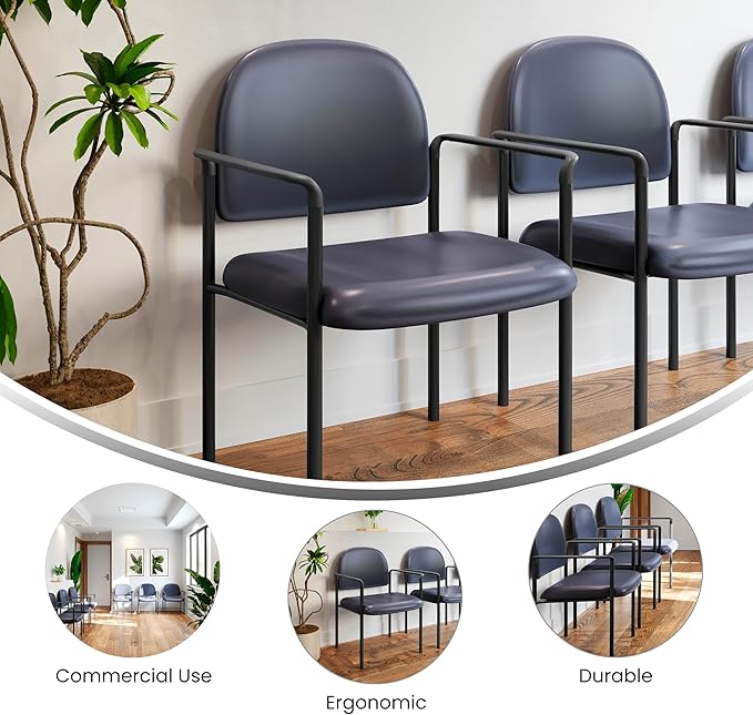 Flash Furniture Tiffany Side Reception Chair with Armrests, Stackable Vinyl Waiting Room Chair for Commercial or Residential Use, Navy