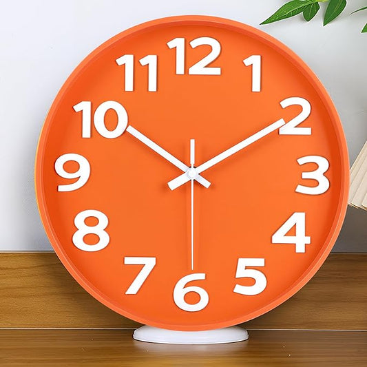 45MinST 12-Inch Modern Indoor Outdoor Wall Clock, Minimalist Orange Design, Silent Non-Ticking, Large Numbers, Perfect Decorative Accent for Home or Office (Orange)