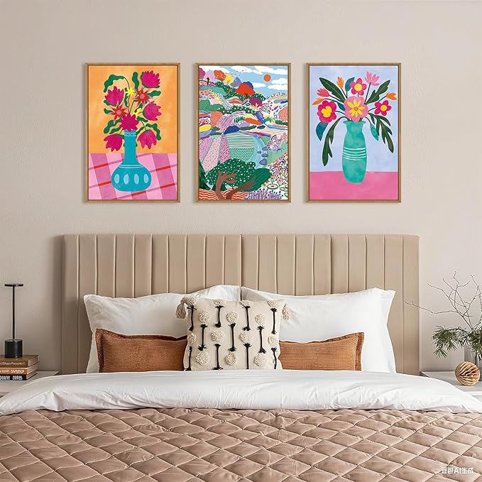 HOURIA Spring Colorful Flower Field Landscape Framed Canvas Wall Art Set,Abstract Pink Floral Vase Wall Decor,Natural Botanical Tree Artwork,Modern Sunrise Art Prints for Living Room,Farmhouse-24"x36"x3