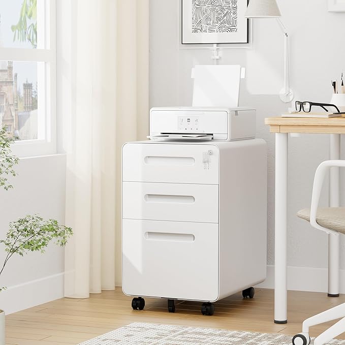 3 Drawers File Cabinet, Mobile Filing Cabinet with Lock, with 25 File Folders, Steel, Fully Assembled Except Casters, for Home Office, White