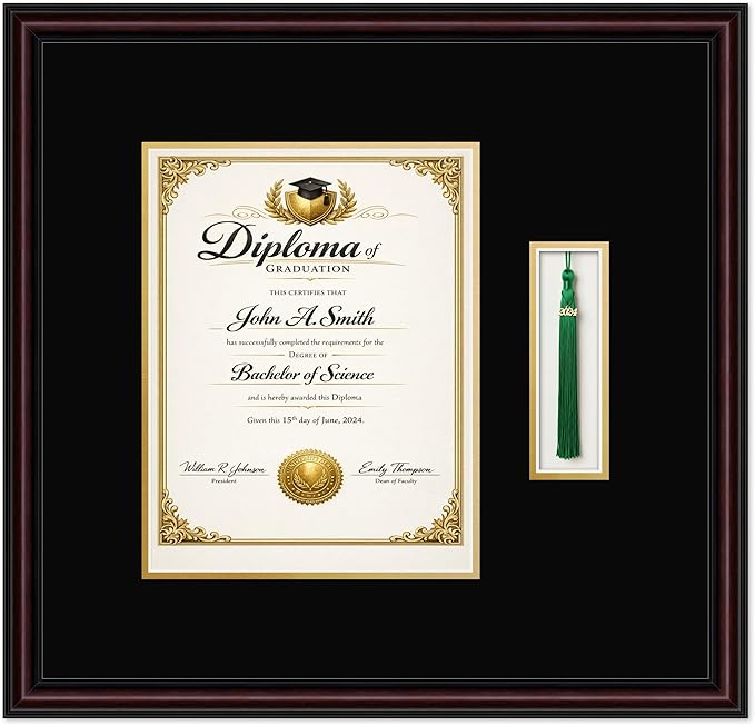 CountryArtHouse Diploma and Tassel Frame Fits 8.5 x 11 Certificate (Portrait) with Tassel Ho Executive Brown Genuine Hardwood Shadowbox with Black Over Metallic Gold Double mat