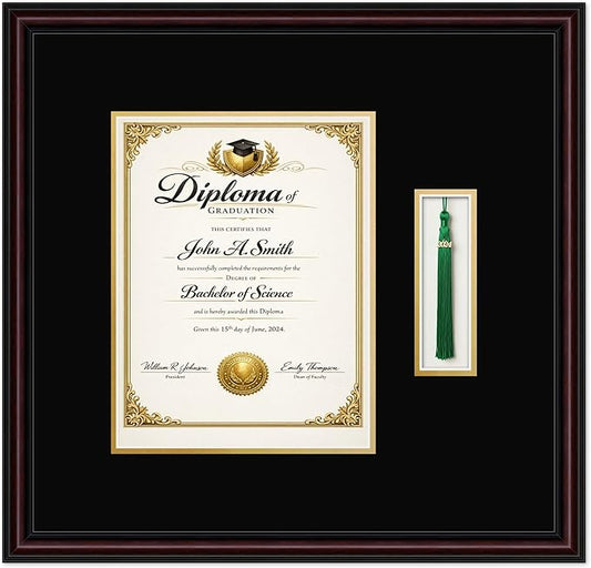 CountryArtHouse Diploma and Tassel Frame Fits 8.5 x 11 Certificate (Portrait) with Tassel Ho Executive Brown Genuine Hardwood Shadowbox with Black Over Metallic Gold Double mat