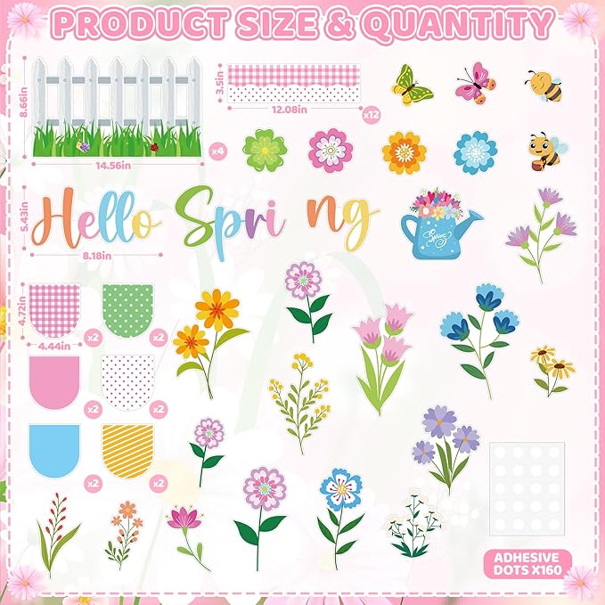 55Pcs Spring Bulletin Board Decorations Set Hello Spring Flower Cutouts Butterfly Bee Floral April Bulletin Board for Classroom Back to School Office Home Chalkboard Door Wall Decor