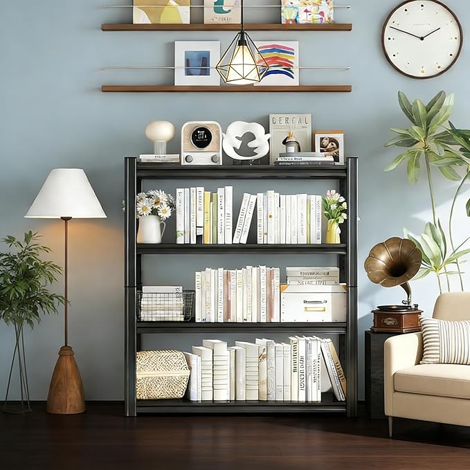 4-Tier Industrial Book Shelf, Tall Bookcase, Office Shelf Storage Organizer, Adjustable Heavy Duty Bookshelves, Modern Book Shelf for Living Room, Bedroom, and Home Office, Black, 54.3"H*18"D*45.3"W