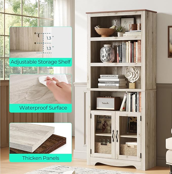 LINSY Bookshelf with Doors, 6 Shelf Bookcase Tall Bookshelves, 73" Farmhouse Book Shelf with Storage Cabinet, Wood Book Shelves for Living Room, Bedroom, Office, Rustic White