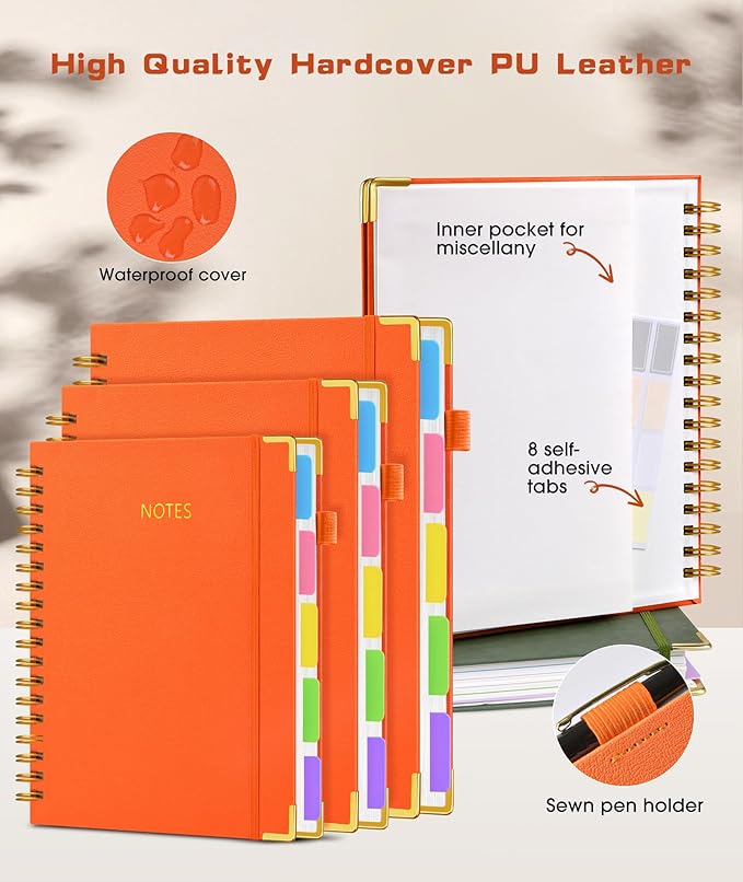 Hardcover Spiral Notebook 8.5"x11" Journal with Removable Dividers Tabs, 300 Pages Leather 5 Subject Notebook College Ruled, Large Notebooks for Work School, Lined Journal for Women, A4 Orange