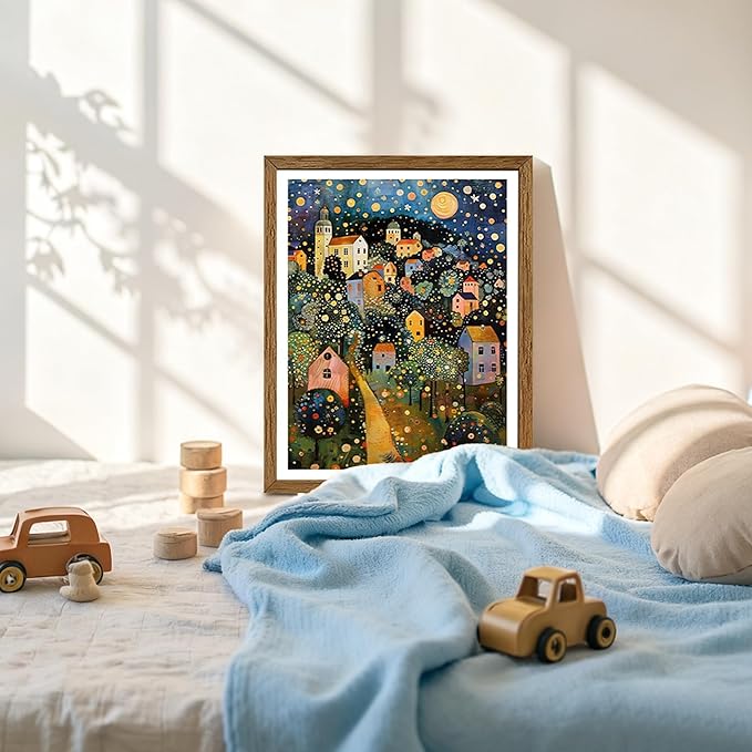 AVECCO Framed Colorful House Village Night Canvas Wall Art, Gustav Klimt Style Moon Stars Tree Wall Decor, Vibrant Starry Landscape Prints for Bathroom Living Room Bedroom Dining Room Office 8x10 in