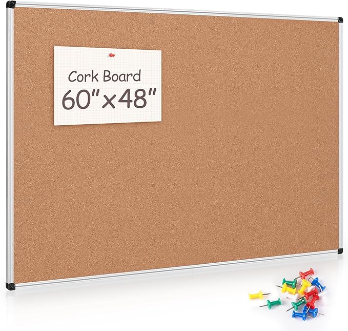 Board2by Large Cork Bulletin Board 60" X 48", Silver Aluminum Framed Corkboard for Wall, Wall Mounted Notice Pin Board with Push Pins for School, Home & Office - 5' x 4' Corkboard