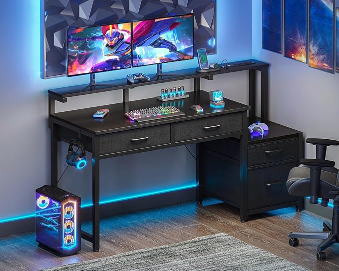 AODK Computer Desk with 4 Drawers, 48 Inch Office Desk with Printer Shelf & Built-in Power Outlet, Work Desk with Monitor Shelf for Home Small Spaces, Black