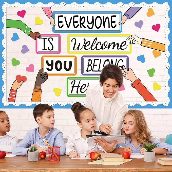 51PCS Everyone is Welcome Bulletin Board You Belong Here Classroom Bulletin Board Decorations Motivational Heart Hand Paper Cutouts for School Classroom Office Home Chalkboard Decor Wall Door Supplies