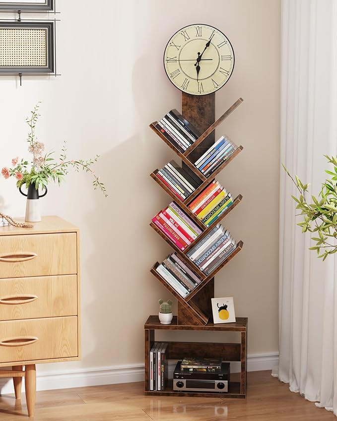 7 Tier Tree Bookshelf with Clock and Storage Cabinet, Small Narrow Floor Standing Bookcase for Bedroom, Living Room, Home Office, Rustic Brown
