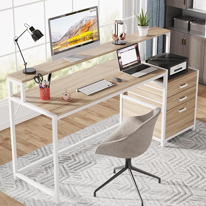Tribesigns 63 Inch Computer Desk with File Drawer Cabinet, Ergonomic Office Desk with Monitor Stand, Industrial Computer Table with Printer Space, Wood PC Table Workstation Desk for Home Office