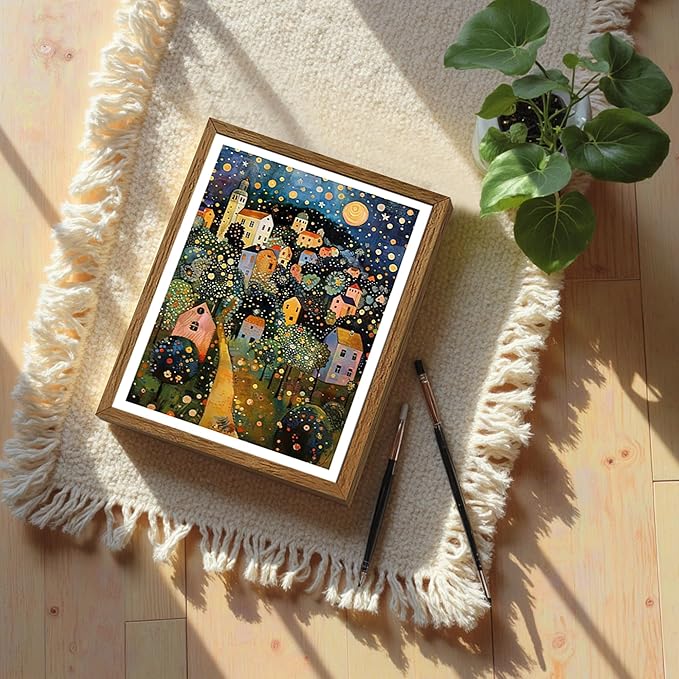 AVECCO Framed Colorful House Village Night Canvas Wall Art, Gustav Klimt Style Moon Stars Tree Wall Decor, Vibrant Starry Landscape Prints for Bathroom Living Room Bedroom Dining Room Office 8x10 in