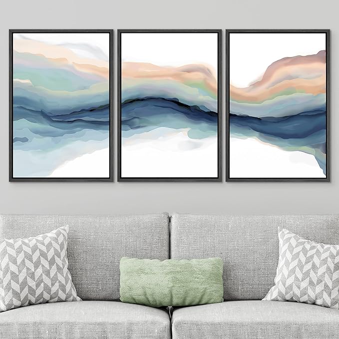 SIGNWIN Framed Canvas Print Wall Art Set Pastel Watercolor Teal Brown Paint Stroke Landscape Abstract Shapes Illustrations Modern Art Decorative for Living Room, Bedroom, Office - 24"x36"x3 Black
