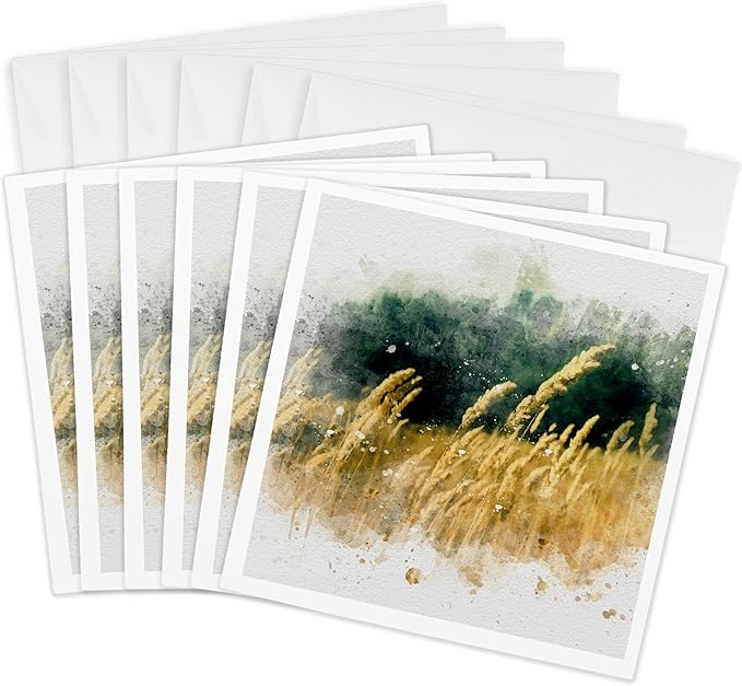 3dRose Greeting Cards - Image Of Watercolor Field Of Wheat Art - 6 Pack - Impressionist Mixed Media Art