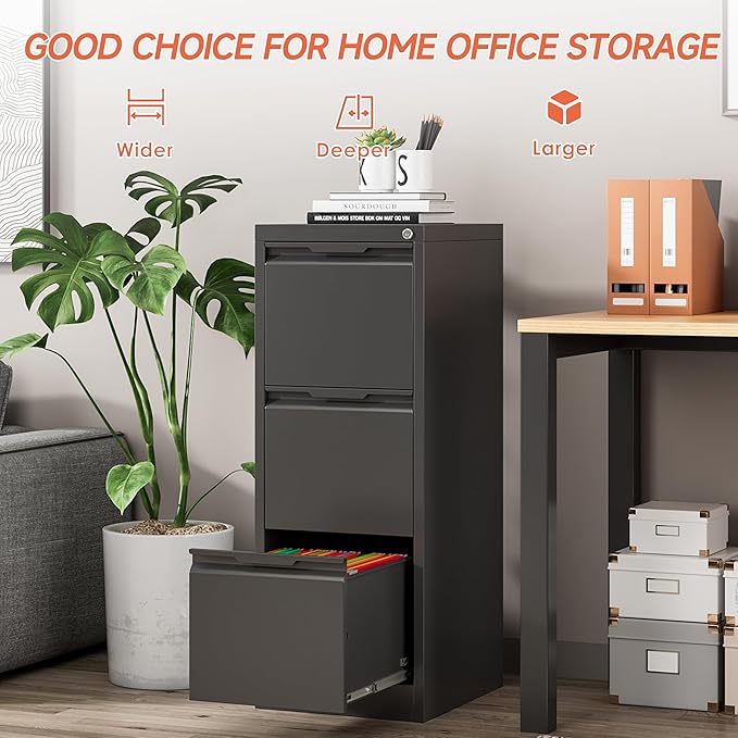 3 Drawer File Cabinet,Filing Cabinets for Home Office, Metal Vertical File Storage with Lock, Locking for A4 Legal/Letter, Assembly Required(Black)