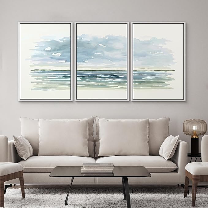 SIGNWIN Framed Canvas Print Wall Art Set Blue Watercolor Ocean Scene Coastal Beach Horizon Illustrations Modern Art Decorative Abstract for Living Room, Bedroom, Office - 24"x36"x3 White