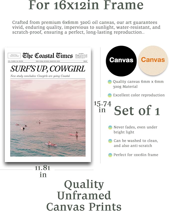 iHery Unframed Trendy Coastal Cowgirl NewsPaper Wall Art Prints,12x16in Canvas Wall Art Prints, New York News,Western Wall Art Vintage Bar Cart,Dorm Retro Surfing for Living Room Home Décor 1Pack