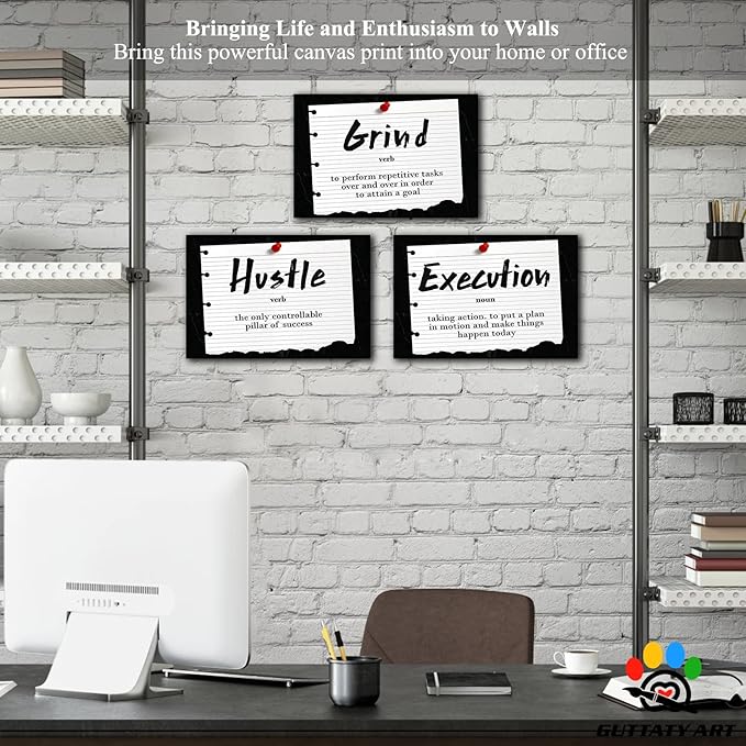 Office Wall Art - 3 Panel Motivational Wall Art, Inspirational Quotes Canvas Art for Home Office Wall Decor, Positive Quotes Wall Decor, Entrepreneur Grind Hustle Execution Poster Frame (12”x24”x3Pcs)